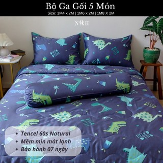 Bộ 5 món - chăn ga gối tencel 60s khủng long xanh