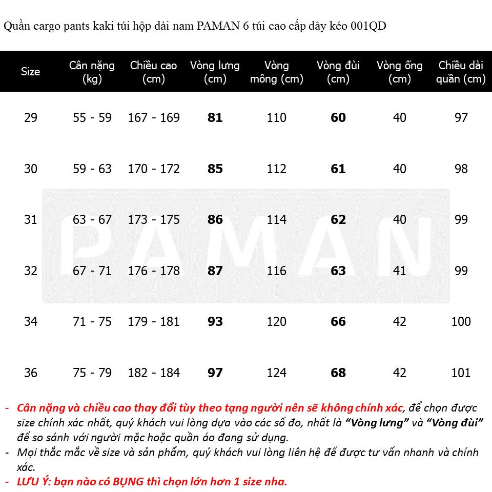 Quần cargo pants kaki túi hộp dài nam 55-79kg PAMAN 6 túi cao cấp dây kéo chất lượng 001QD