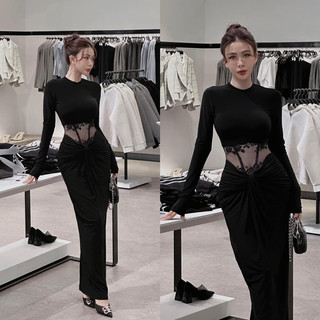 Váy dự tiệc dáng dài xẻ tà, Đầm body đáp ren co giãn xẻ tà sau, Váy dài tay đáp ren bụng dáng dài quyến rũ sang chảnh