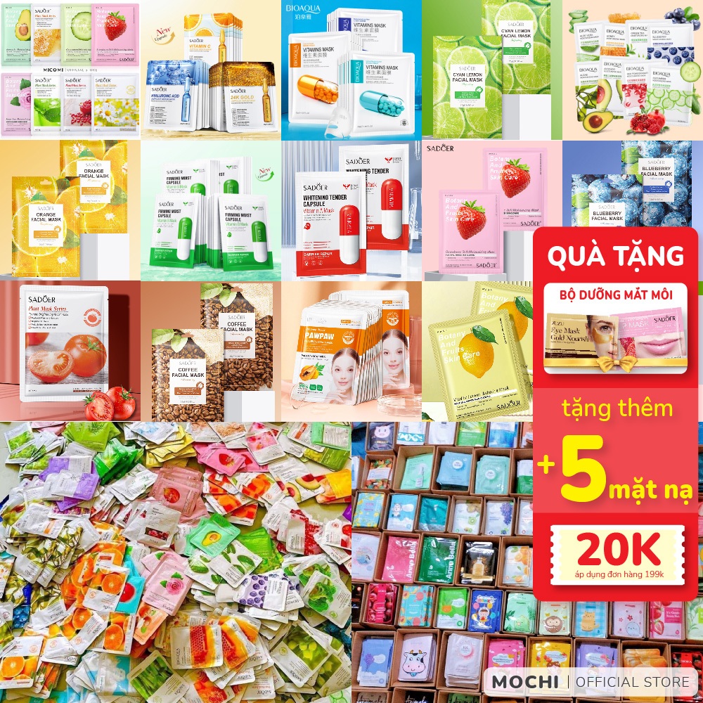 Combo 60 Mặt Nạ Giấy Dưỡng Da Tặng Thêm 7 Mask Cấp Ẩm Trắng Da Hết Mụn Trẻ Hóa Nội Địa Trung Trái Cây Vitamin Mochi Shop