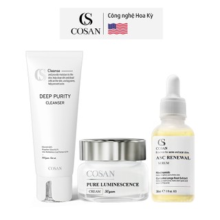 Bộ 3 sản phẩm ngừa mụn, thâm, mờ sẹo và dưỡng trắng da Cosan gồm Serum 30ml + Kem dưỡng 30g + Sửa Rửa Mặt 100g