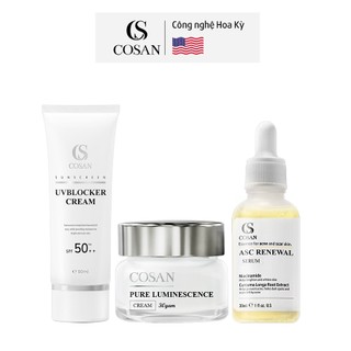 Bộ 3 sản phẩm ngừa mụn, thâm, mờ sẹo và dưỡng da, chống nắng Cosan gồm Serum 30ml + Kem dưỡng 30g + Kem Chống Nắng 50g