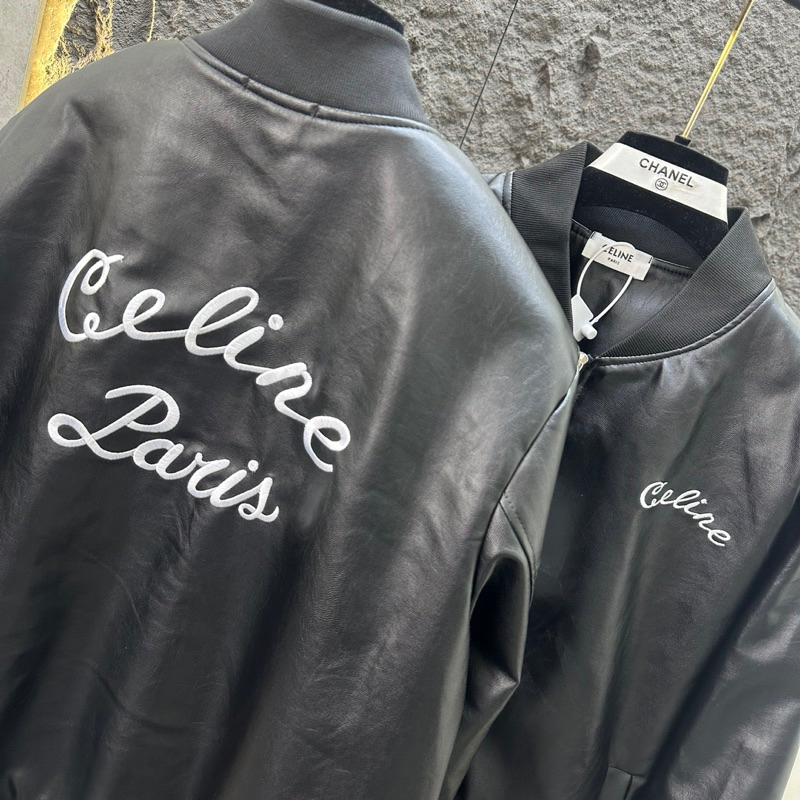 Áo khoác da nam nữ bomber jacket đen bóng thêu chữ C hai mặt khoá zip bo chun 2 lớp sang trọng AK85P