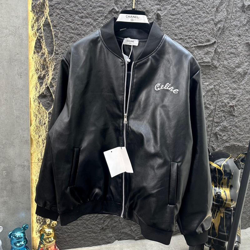 Áo khoác da nam nữ bomber jacket đen bóng thêu chữ C hai mặt khoá zip bo chun 2 lớp sang trọng AK85P