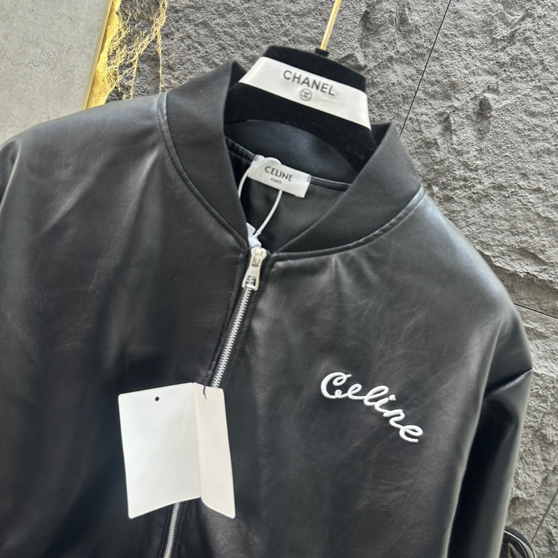 Áo khoác da nam nữ bomber jacket đen bóng thêu chữ C hai mặt khoá zip bo chun 2 lớp sang trọng AK85P