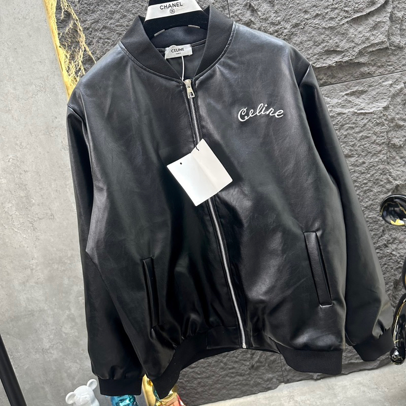 Áo khoác da nam nữ bomber jacket đen bóng thêu chữ C hai mặt khoá zip bo chun 2 lớp sang trọng AK85P