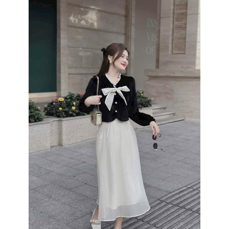 Sét áo nhung tay dài phối nơ kết hợp chân váy dày siêu xinh nữ tính