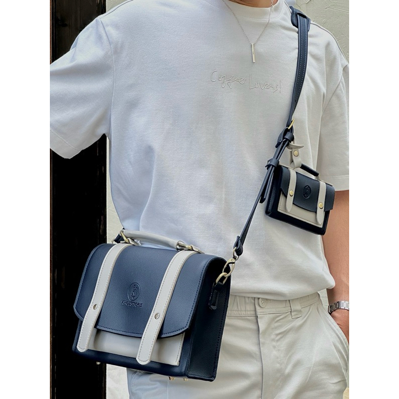 KHÔISTORE Cặp đeo chéo unisex 𝐓𝐚𝐛𝐢 có quai xách xanh navy xám size 25cm thiết kế thủ công tặng ví mini