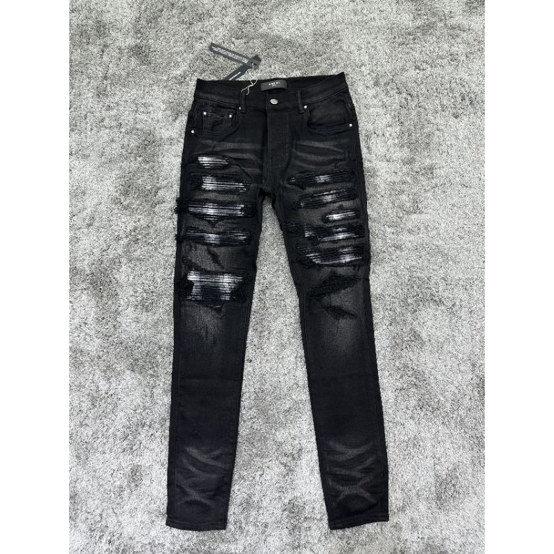 ⚡️[Hight Quality] Quần Jeans Amiri Destroyed Đen Wash Rách Nhiều Vá Kẻ Bóng Sang Trọng - Hàng Loại 1
