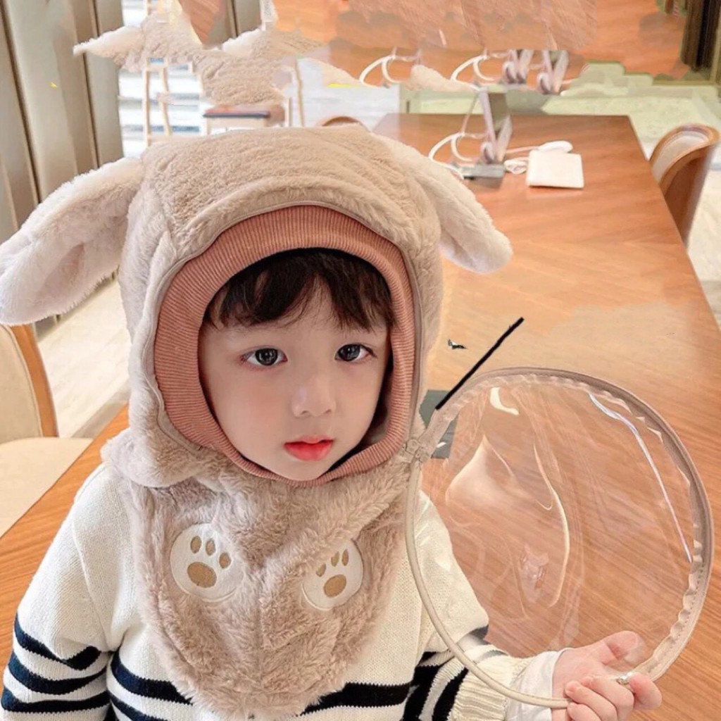 Mũ lông cừu trùm đầu chống gió che tai kèm kính 3in1 chống lạnh mùa đông cho bé