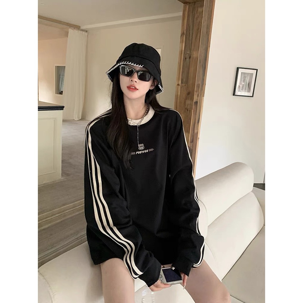 Áo Sweater Nỉ Da Cá, Áo Thun Unisex Form Rộng Thiết Kế Kẻ Sọc Thể Thao