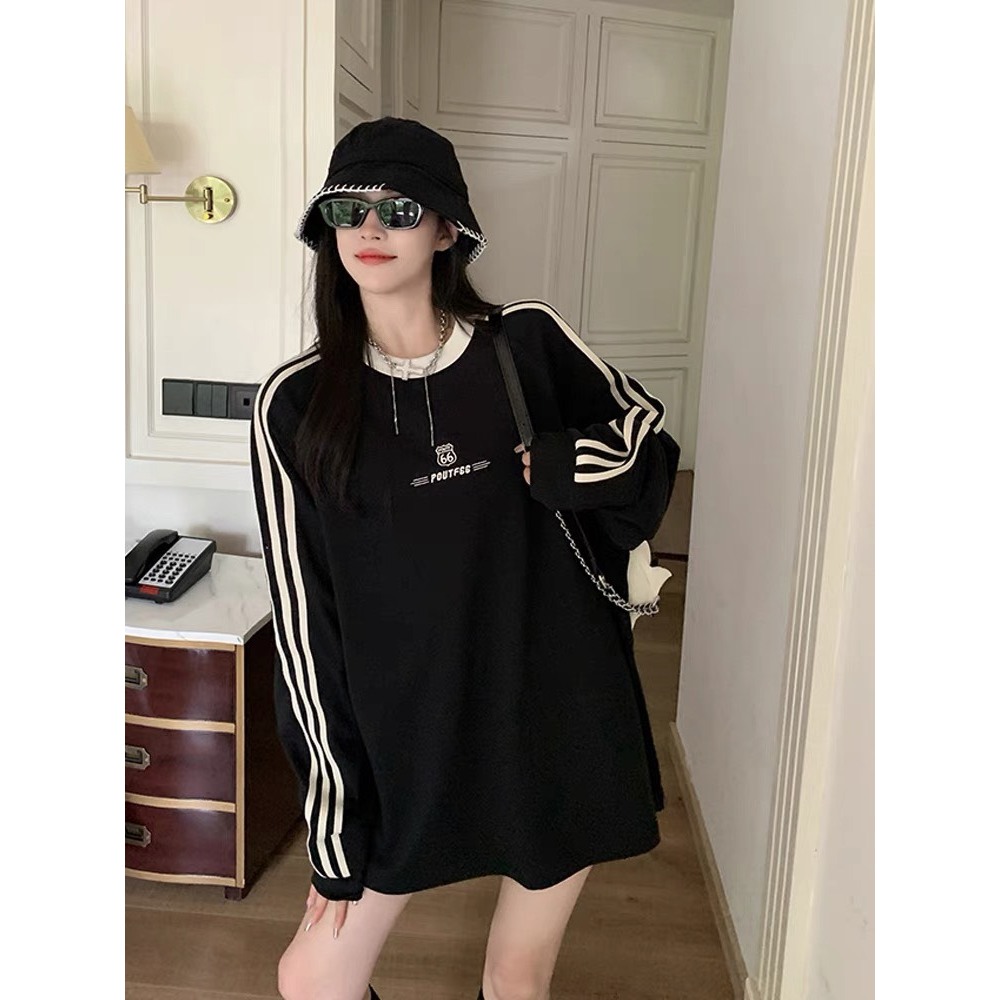 Áo Sweater Nỉ Da Cá, Áo Thun Unisex Form Rộng Thiết Kế Kẻ Sọc Thể Thao