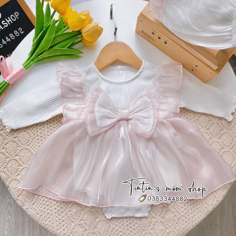 Sét váy body tiểu thư đầy tháng/ thôi nôi cho bé gái ren nơ ngực kèm mũ