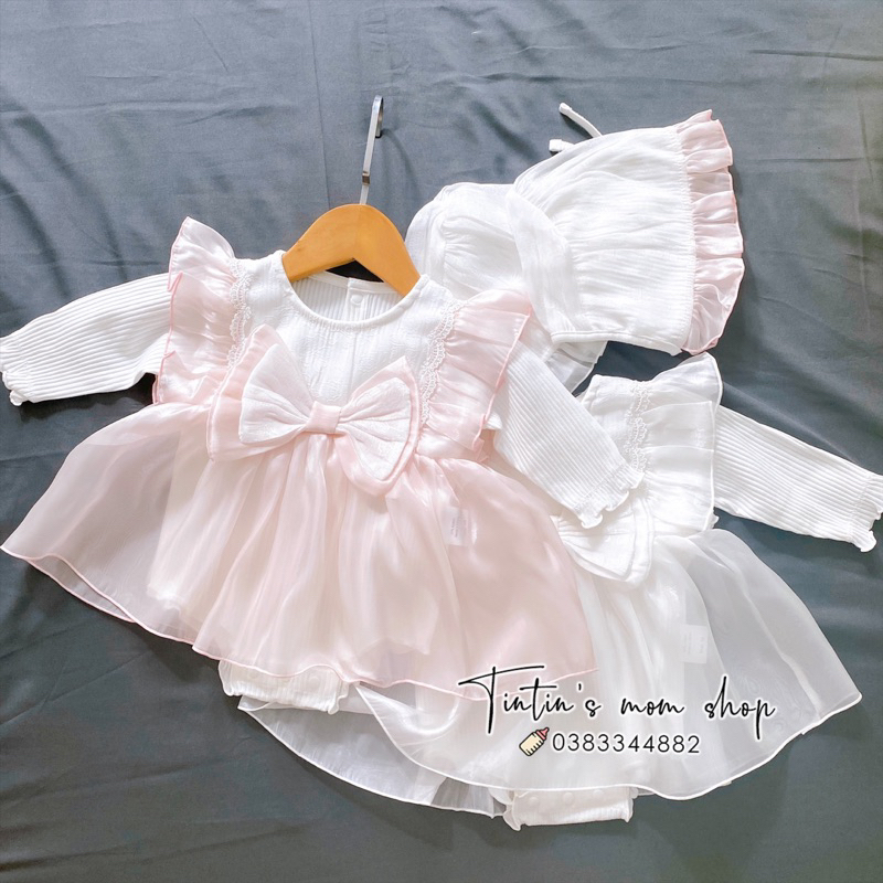 Sét váy body tiểu thư đầy tháng/ thôi nôi cho bé gái ren nơ ngực kèm mũ