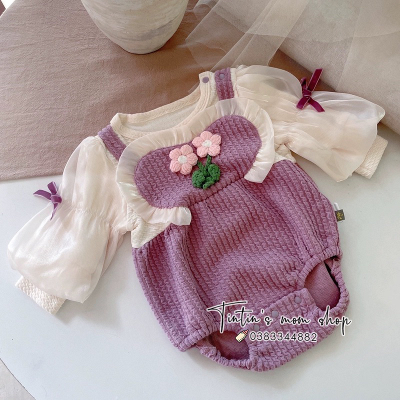 Bộ body chíp đầy tháng/ thôi nôi giả yếm tím tay bồng cho bé gái 3-18M