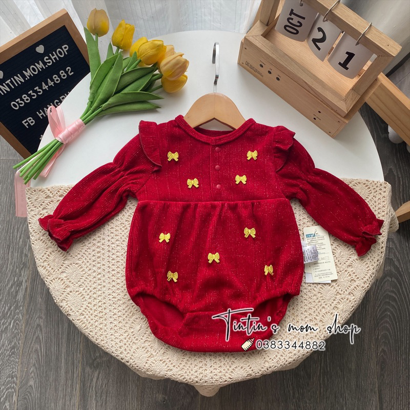 Bộ body chíp đầy tháng/ thôi nôi đỏ tay bồng cho bé gái 3-18M