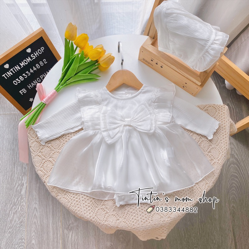 Sét váy body tiểu thư đầy tháng/ thôi nôi cho bé gái ren nơ ngực kèm mũ