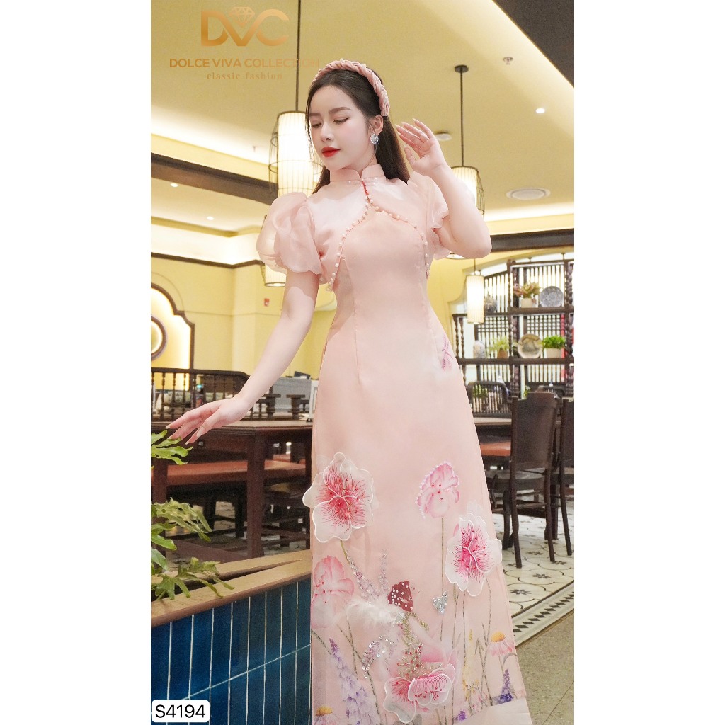 SET ÁO DÀI CÁCH TÂN HỒNG ĐÍNH HOA TAY BỒNG S4194 - DVC