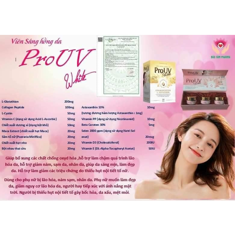 Viên trắng da ProUV White  Hỗ trợ giảm nám, sạm da, nhăn da, Giúp da trắng sáng mịn , Hạn Chế Lão Hoá Da Mờ Nám Giảm Nếp