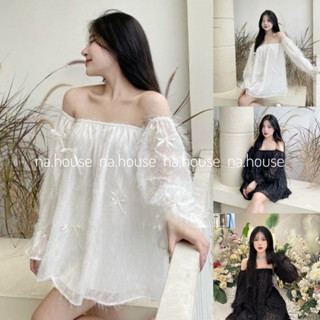 Áo trễ vai giả đầm 2 lớp sang chảnh màu trắng đen, váy babydoll lông vũ form ngắn đi chơi dự tiệc Nahouse đẹp xinh xắn
