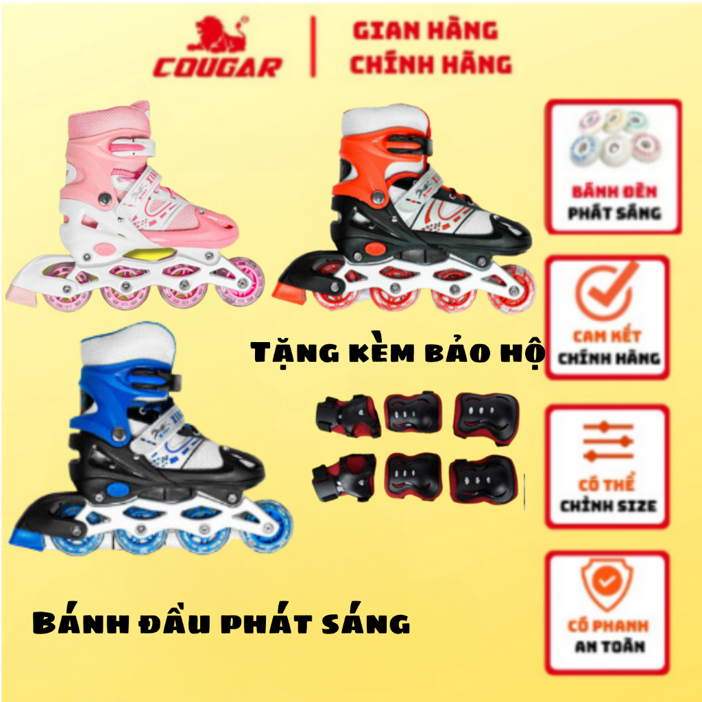 Giày Patin Trẻ Em Cougar- BEAR Cao Cấp Bánh Xe Có Đèn Phát Sáng, Có Nút Chỉnh Size Tiện Lợi