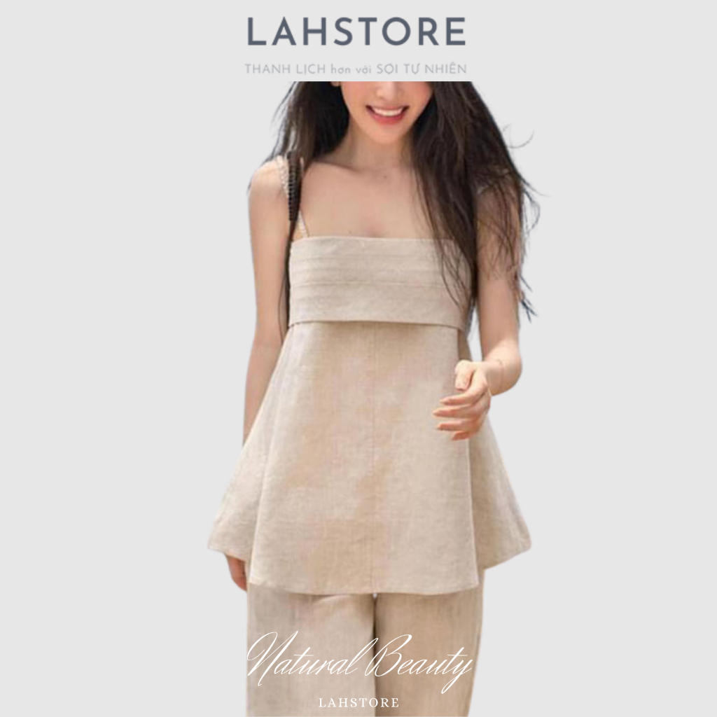 Áo 2 dây LAHSTORE vải linen, ngực xếp ly, dáng xòe A2D03