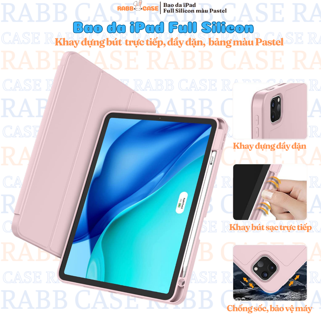 Bao da iPad 2 mặt silicon màu pastel chống sốc, ốp iPad có khe đựng bút cho iPad Gen 7/8/9/10, Air 4/5, Pro 11 inch