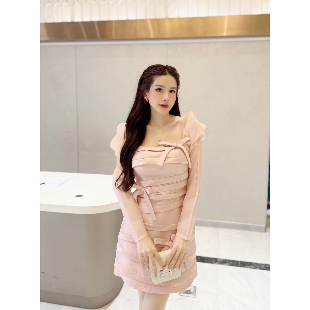 Váy Tiểu Thư Dáng Ngắn Đầm Dự Tiệc Tay Dài Phối Nơ_LERIN V483