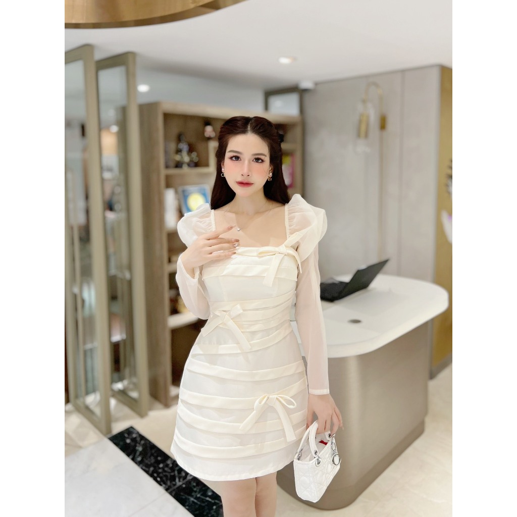 Váy Tiểu Thư Dáng Ngắn Đầm Dự Tiệc Tay Dài Phối Nơ_LERIN V483