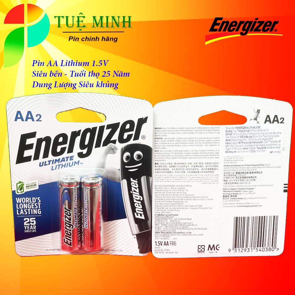 Pin AA  Energizer LI-0 Cao cấp FR6 1.5V, siêu bền, tuổi thọ 25 năm ( vỉ 2 viên )