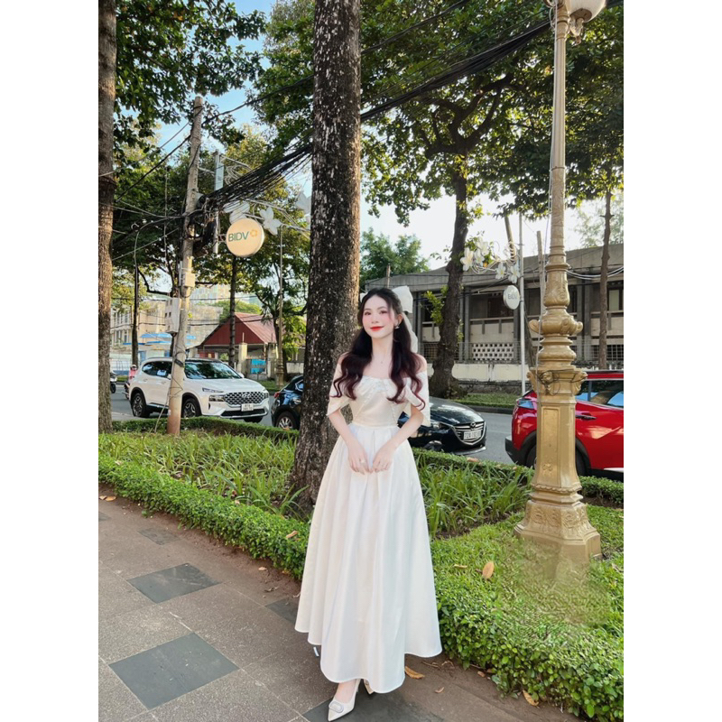 Váy Trắng Cưới Trễ Vai Kết Ngọc Dự Tiệc Sang Trọng Size S M L XL Chất Lụa Taffa V485 AĐ BOUTIQUE