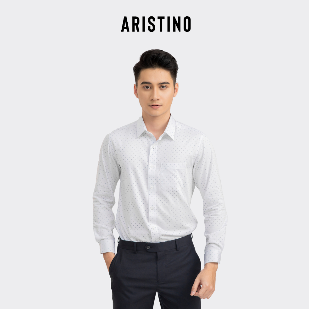 Áo sơ mi dài tay ARISTINO dáng Regular Fit suông thiết kế tà lượn, in họa tiết hoa sen trên nền trắng tinh tế - ALS14801