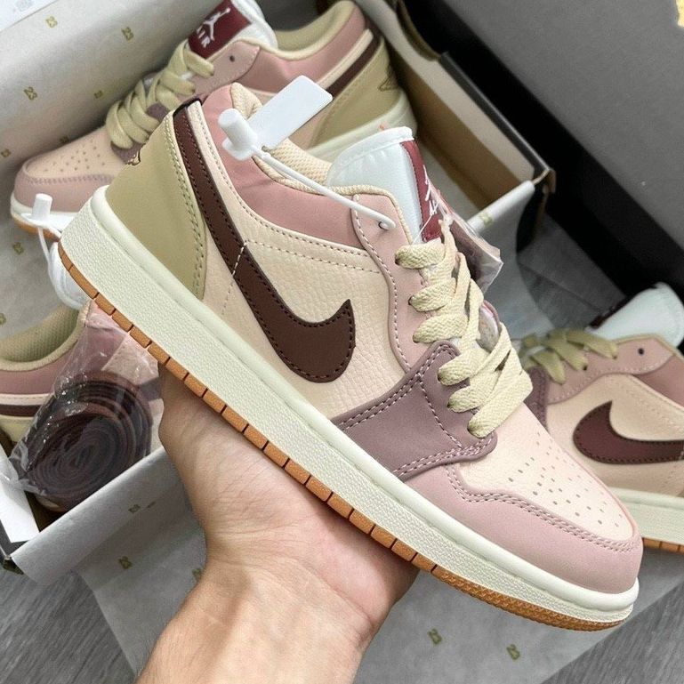 Giày jordan cổ thấp trà sữa, giày thể thao jd1 mid tea màu hồng đất hàng cao cấp đầy đủ phụ kiện, full size nam nữ.