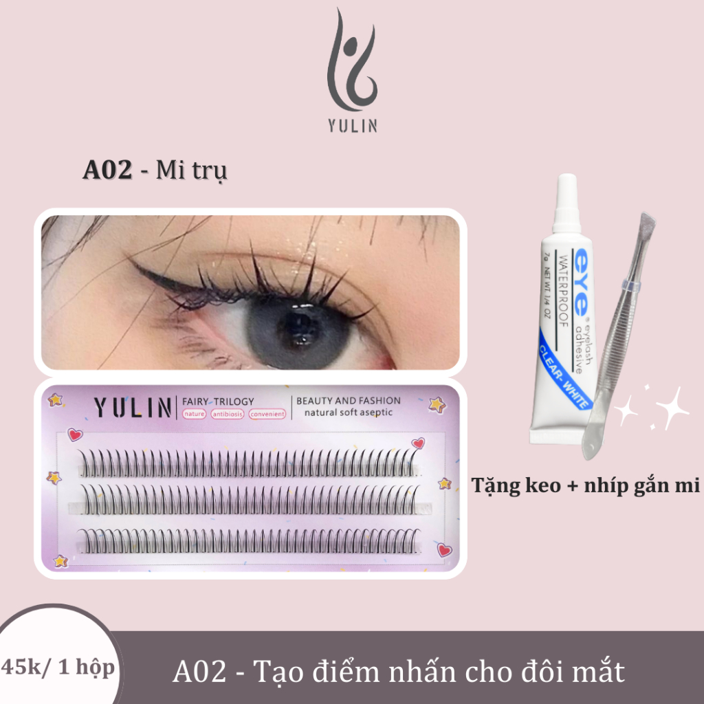 Mi giả tách sợi siêu mảnh và tự nhiên YULIN mã A02, mi tách sợi tặng kèm keo và kẹp lấy