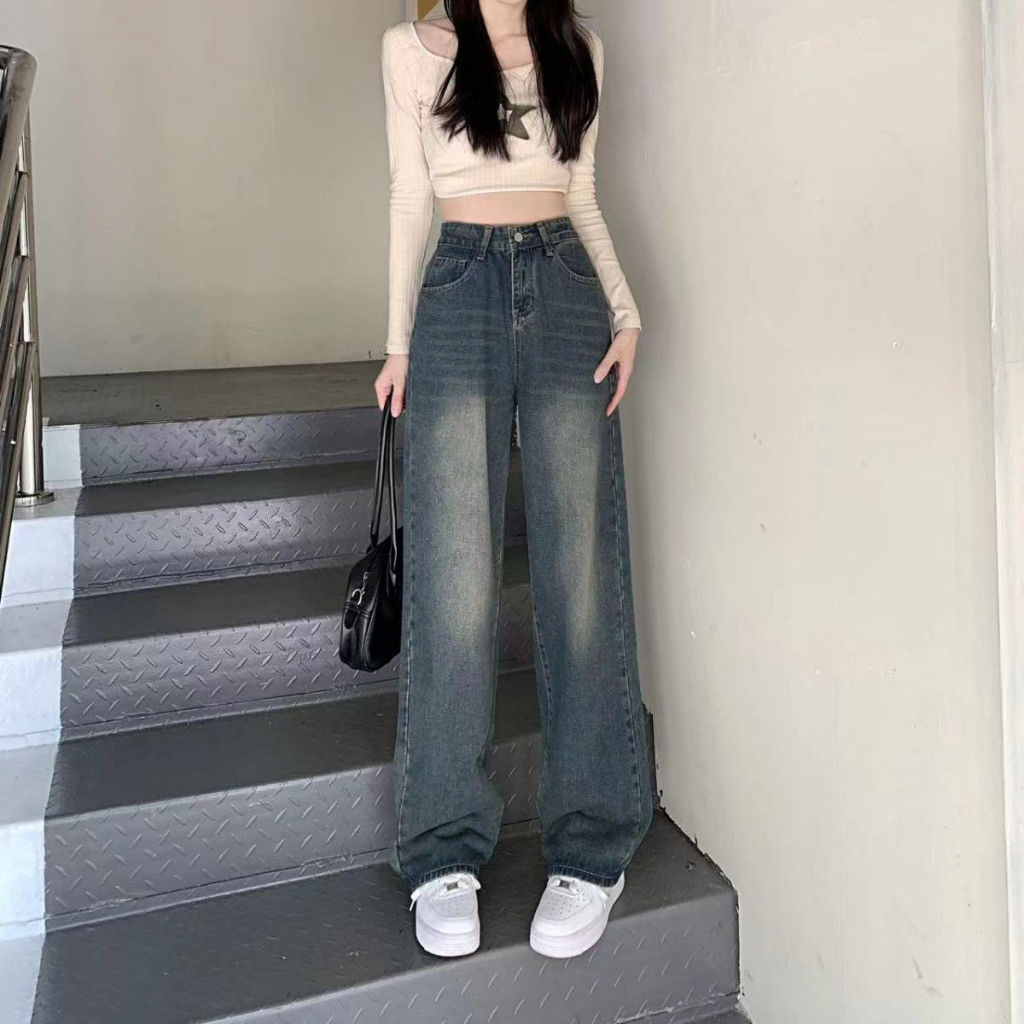 Quần Jean Nữ Ống Suông Rộng Xám Phong Cách Nhẹ Nhàng , Quần Jean Ống Rộng MyLove.