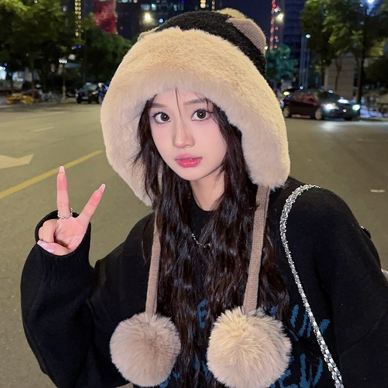 Mũ Trùm Đầu Vải Lông Cừu Giữ Ấm Tai Dễ Thương Phong Cách Hàn Quốc, Mũ len ấm áp thời trang mùa đông cho nữ