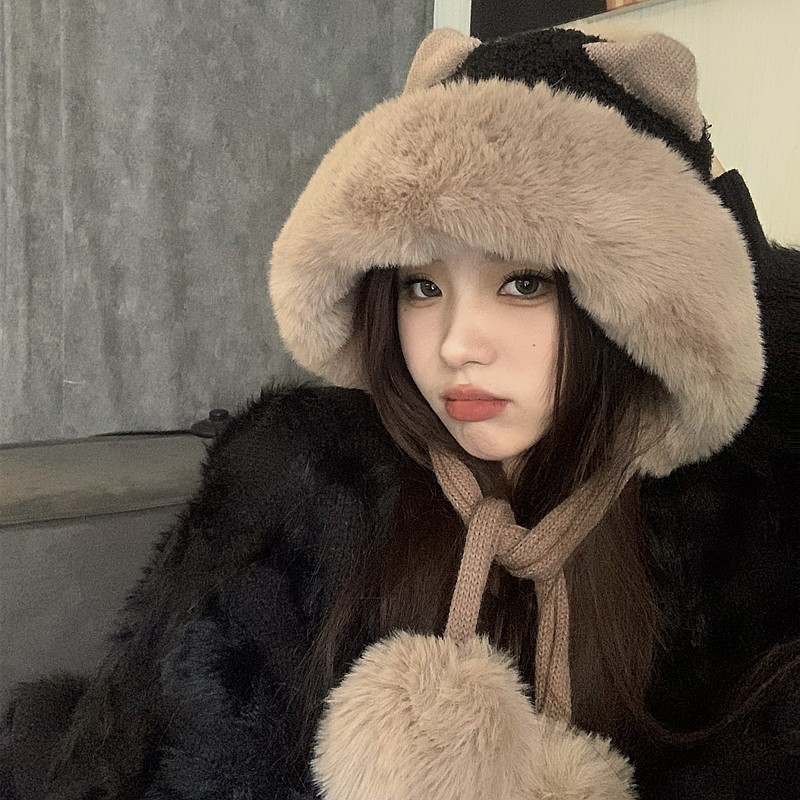Mũ Trùm Đầu Vải Lông Cừu Giữ Ấm Tai Dễ Thương Phong Cách Hàn Quốc, Mũ len ấm áp thời trang mùa đông cho nữ