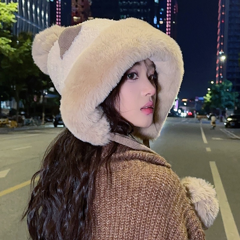 Mũ Trùm Đầu Vải Lông Cừu Giữ Ấm Tai Dễ Thương Phong Cách Hàn Quốc, Mũ len ấm áp thời trang mùa đông cho nữ