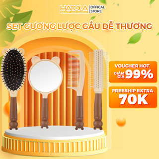 Set 4 lược + gương đáng yêu thỏ bộ gương lược chải đầu gỡ rối lược chải tóc gương cầm tay cho con gái cho bé Hatola