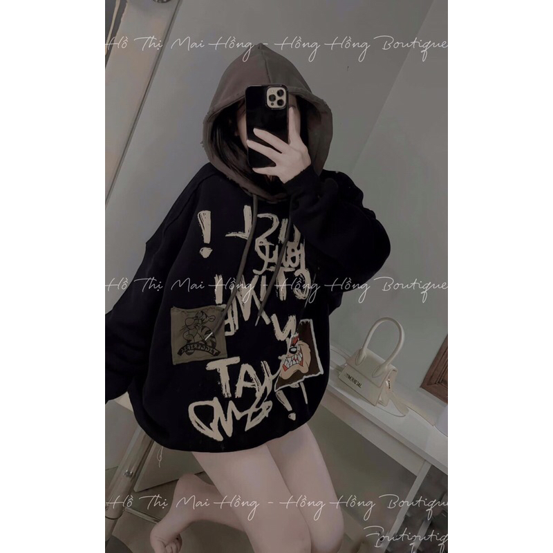Áo nỉ hoodie có mũ phối chữ siêu kute