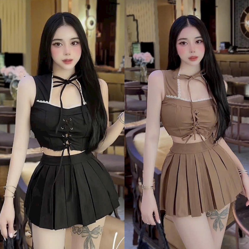 Set Vest Áo Croptop Sát Nách Đan Ngực Viền Ren Trắng + Chân Váy Xếp Ly Có Lót Quần Chất For Mềm