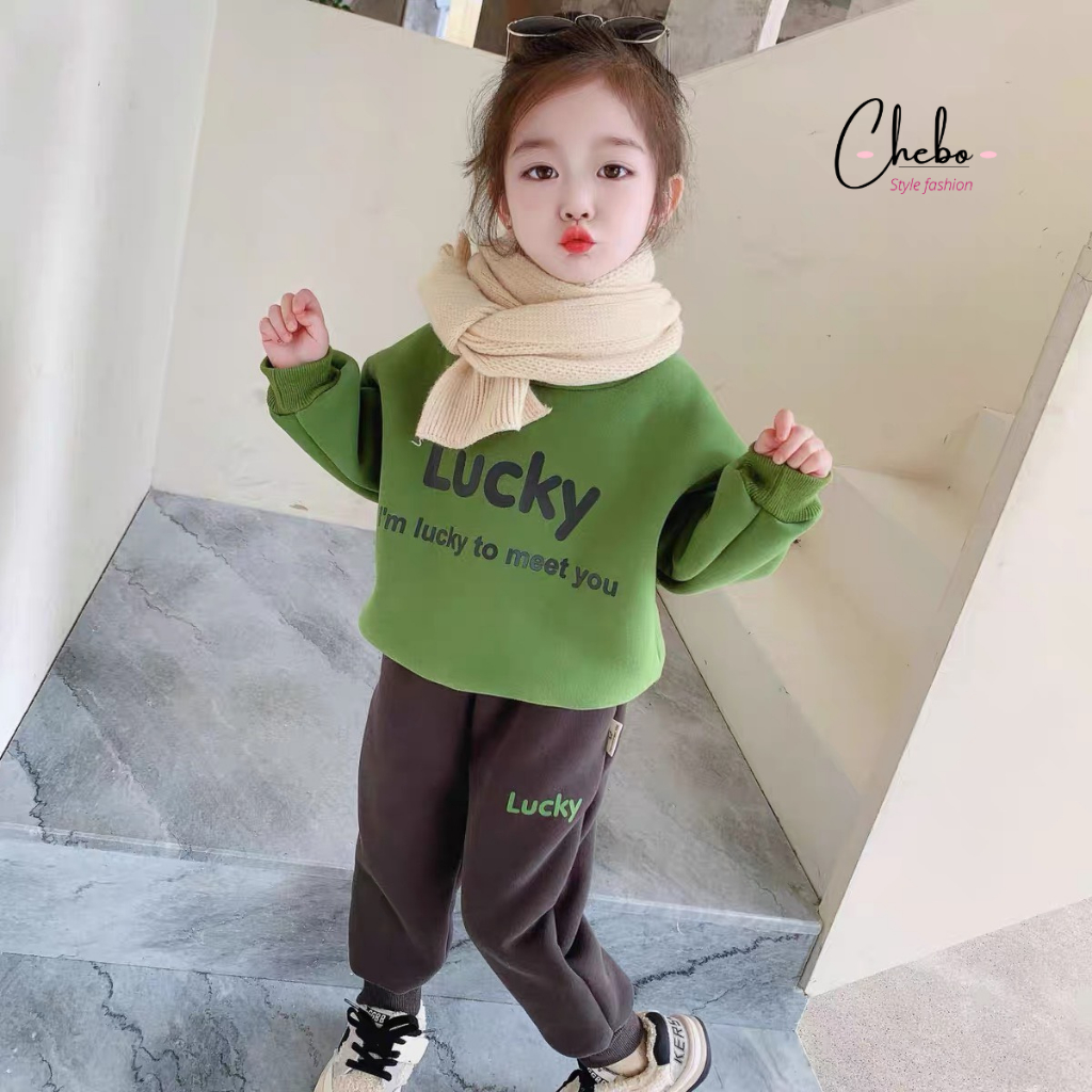 Bộ quần áo nỉ cho bé gái bé trai mặc mùa đông siêu ấm phong cách Hàn Quốc kute dễ thương, bộ nỉ bông Quảng Châu không xù