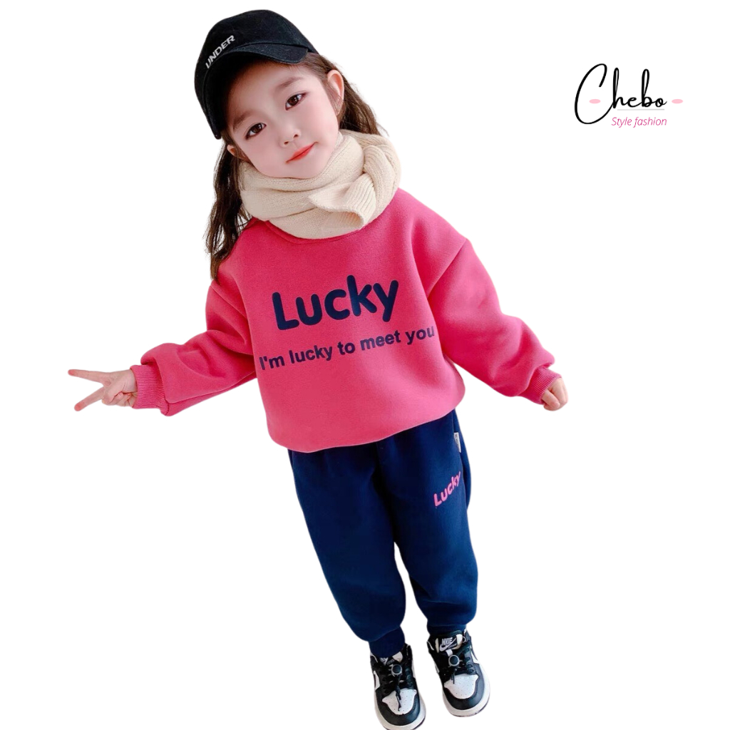 Bộ quần áo nỉ cho bé gái bé trai mặc mùa đông siêu ấm phong cách Hàn Quốc kute dễ thương, bộ nỉ bông Quảng Châu không xù