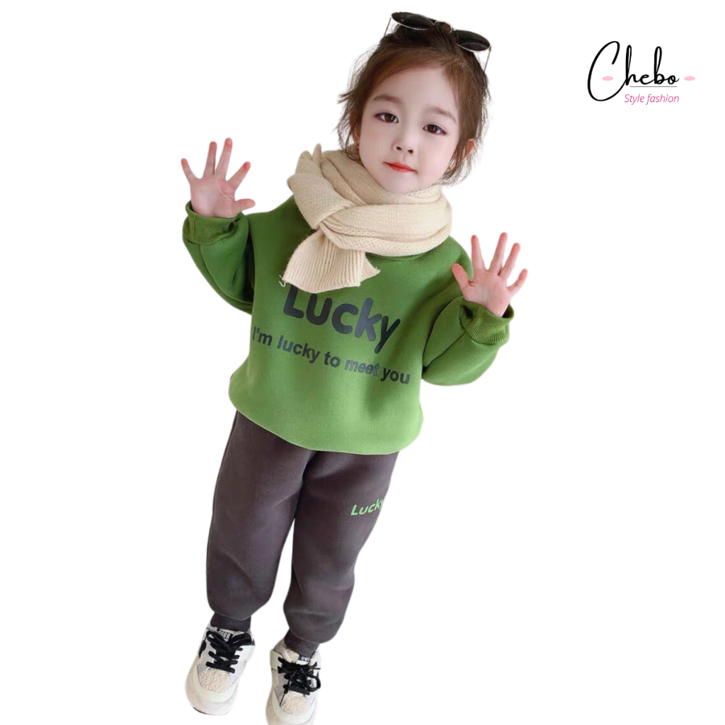Bộ quần áo nỉ cho bé gái bé trai mặc mùa đông siêu ấm phong cách Hàn Quốc kute dễ thương, bộ nỉ bông Quảng Châu không xù