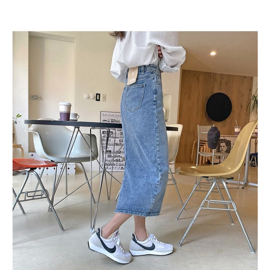 Chân Váy Jean Dáng Dài MyLove Cạp Sẻ Sau, Váy Jean Dáng dài Phong Cách Hàn Quốc