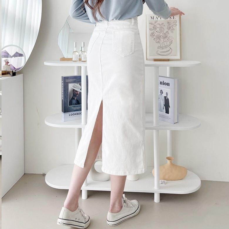 Chân Váy Jean Dáng Dài MyLove Cạp Sẻ Sau, Váy Jean Dáng dài Phong Cách Hàn Quốc