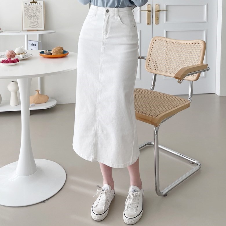 Chân Váy Jean Dáng Dài MyLove Cạp Sẻ Sau, Váy Jean Dáng dài Phong Cách Hàn Quốc