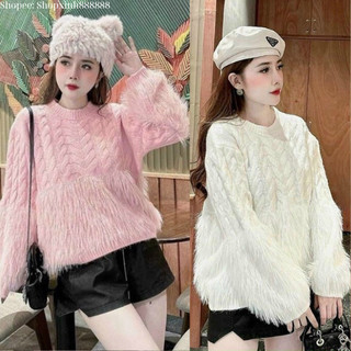 Áo len lông thừng cổ tròn tay dài, Áo len nữ phối tay lông chất thừng cổ tròn hàng QC
