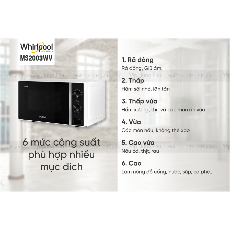 Lò vi sóng WhirlPool 20L cơ không nướng MS2003WV / Lò vi sóng WhirlPool 20L điện tử có nướng MWP203WV