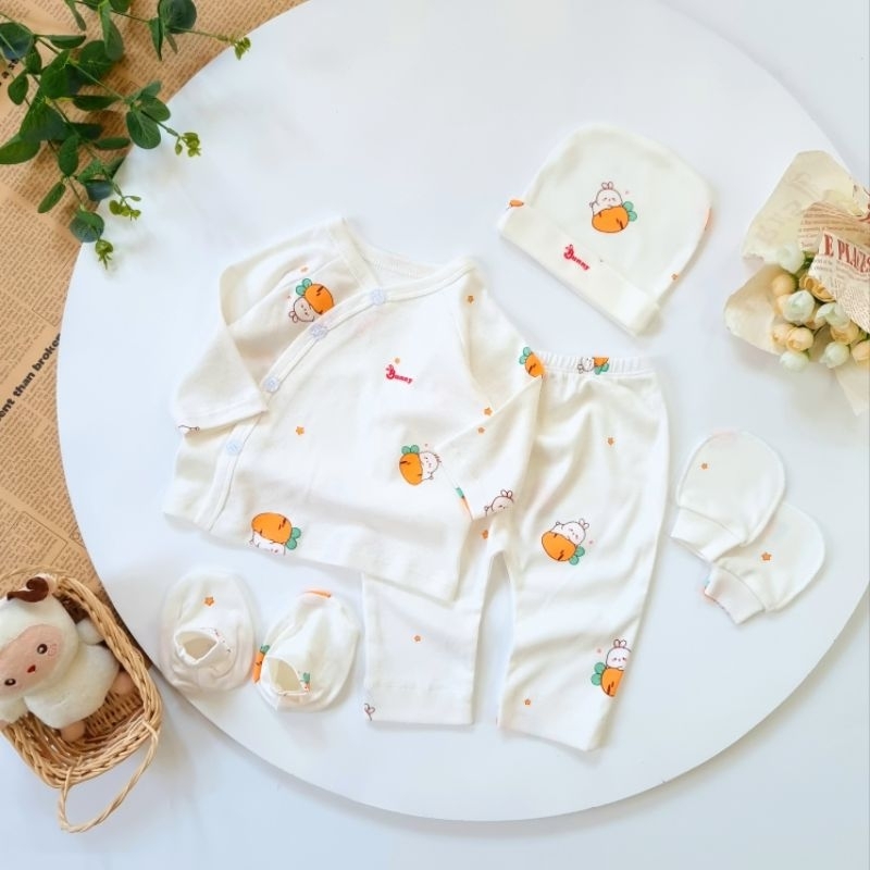Bộ dài sơ sinh Bé gái cúc chéo Bunnybaby cotton hàn bao gồm nón vớ